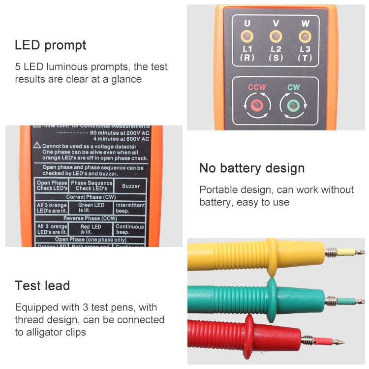 SM852B 3 Phase Rotation Tester Indicator Detector Meter(Orange)