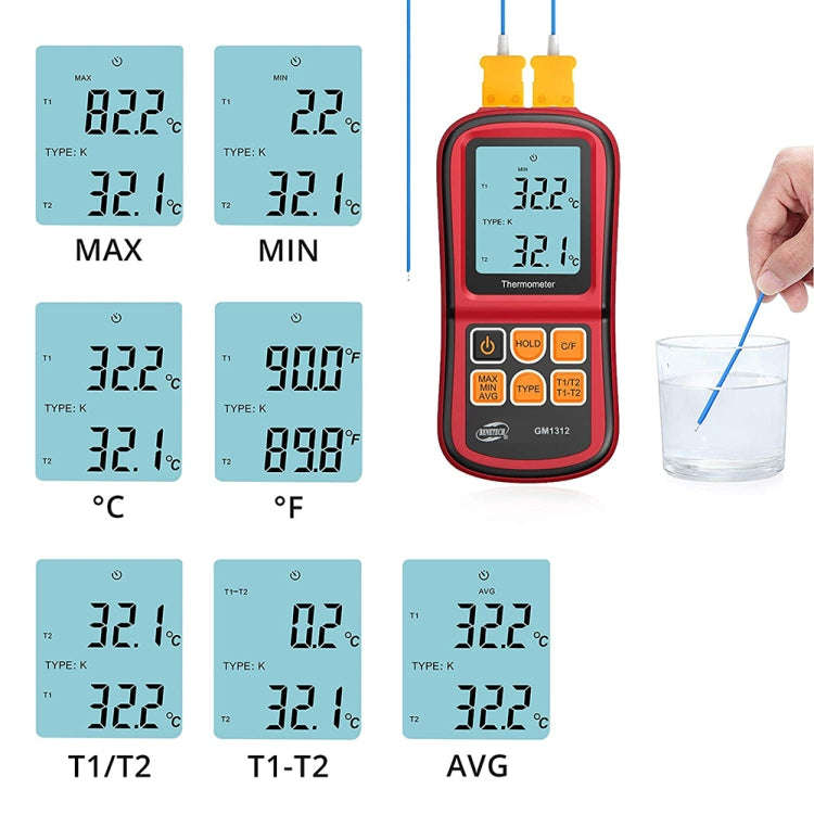 BENETECH GM1312 2.4 inch LCD Screen Thermocouple Thermometer Measure J,K,T,E,N and R Type, Measur...
