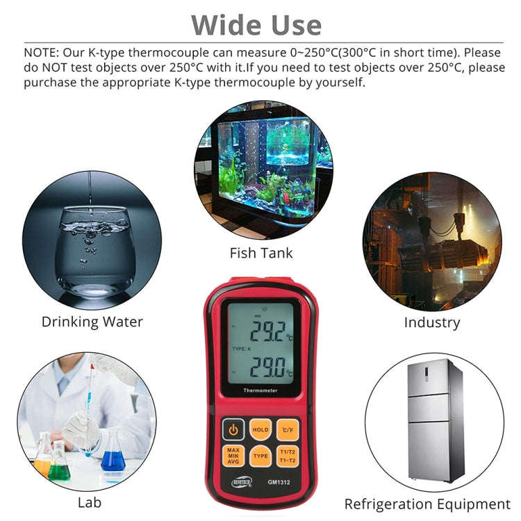 BENETECH GM1312 2.4 inch LCD Screen Thermocouple Thermometer Measure J,K,T,E,N and R Type, Measur...