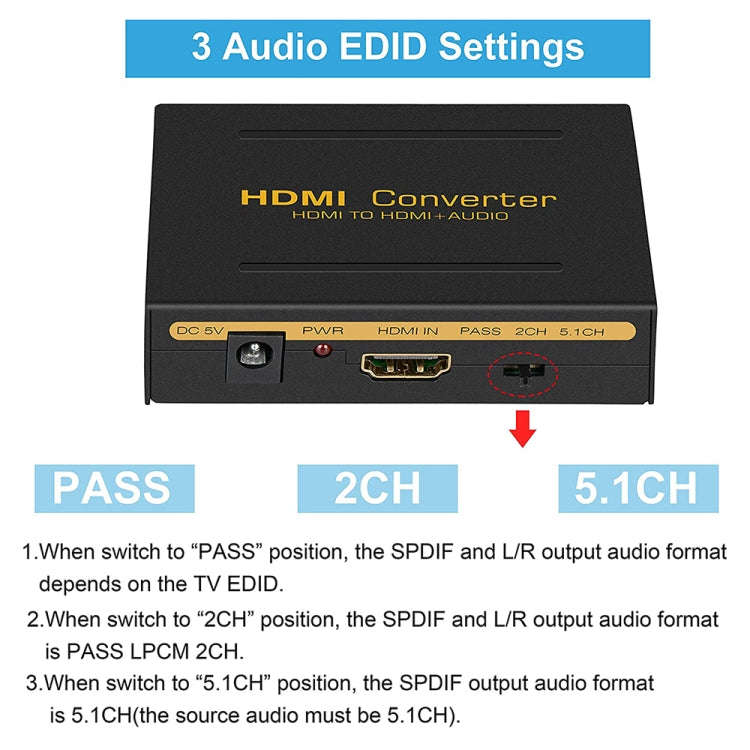 HDMI to HDMI + Audio (SPDIF + R/L) Converter (EU Plug)(Black)