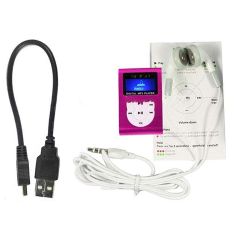 TF / Micro SD Card Slot MP3 Player with LCD Screen, Metal Clip(Magenta)