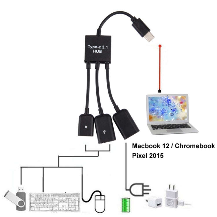 17.8cm 3 Ports USB-C / Type-C 3.1 OTG Charge HUB Cable, For Galaxy S8 & S8 + / LG G6 / Huawei P10...