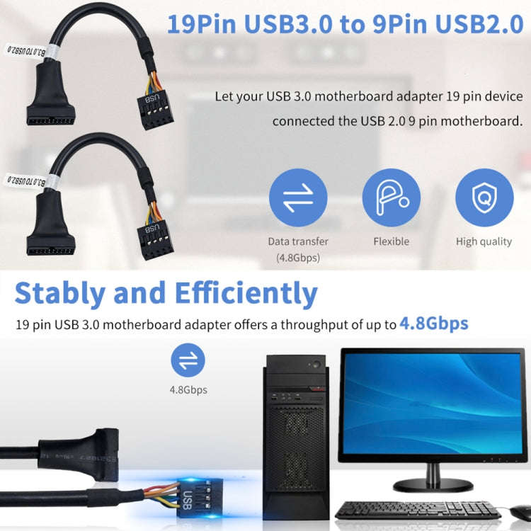 USB 2.0 9Pin Motherboard Female to USB 3.0 19Pin Housing Male Adapter Cable, Length: 15cm(Black)