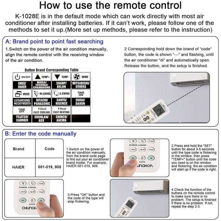 Chunghop K-1028E 1000 in 1 Universal A/C Remote Controller with Flashlight(White)