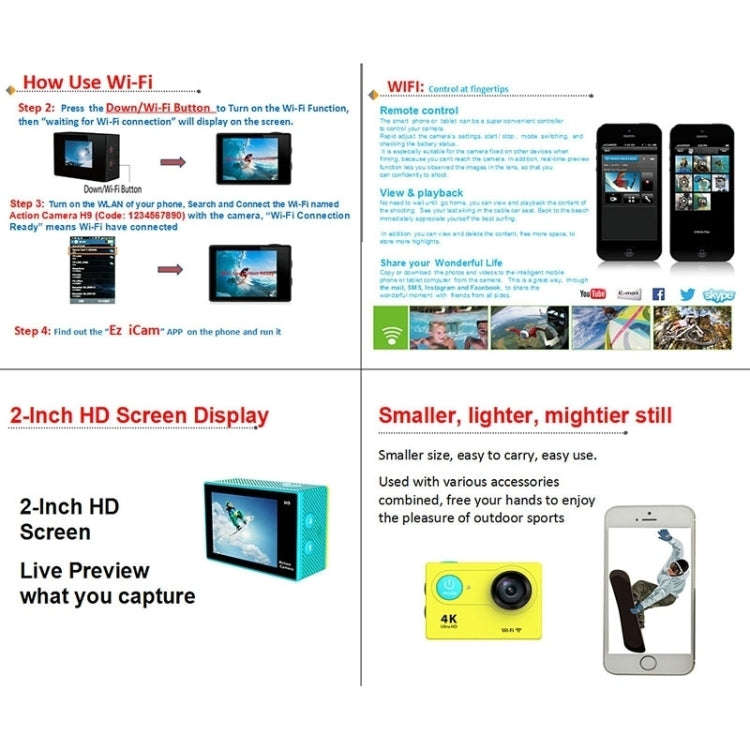 H9 4K Ultra HD1080P 12MP 2 inch LCD Screen WiFi Sports Camera, 170 Degrees Wide Angle Lens, 30m W...