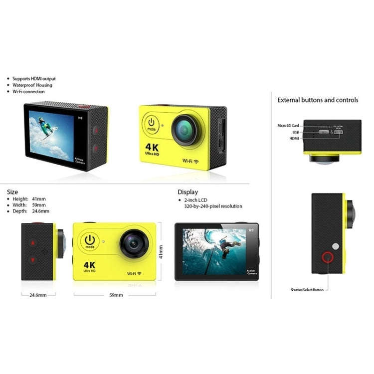 H9 4K Ultra HD1080P 12MP 2 inch LCD Screen WiFi Sports Camera, 170 Degrees Wide Angle Lens, 30m W...
