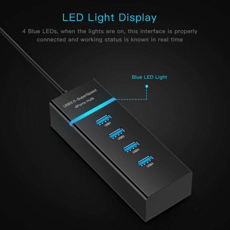 4 Ports USB 3.0 Hub Splitter with LED, Super Speed 5Gbps, BYL-P104(Black)