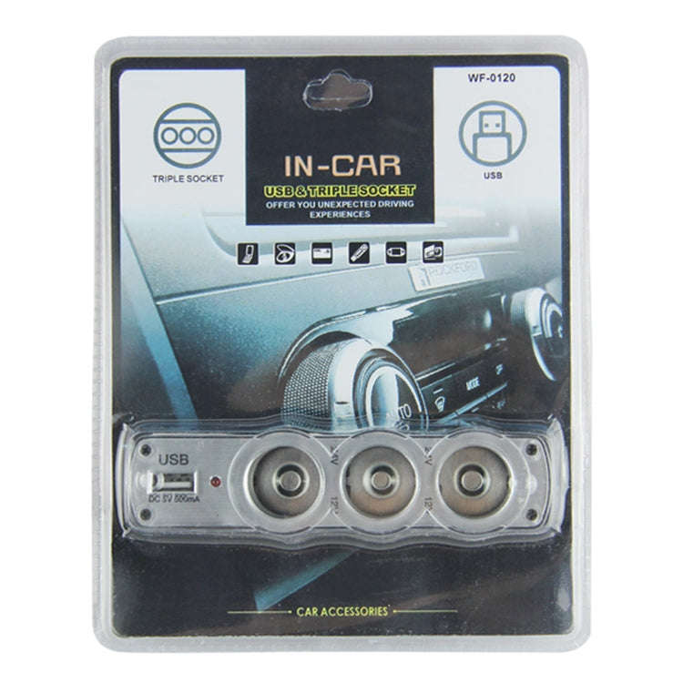 WF-0120 12V / 24V 3 Way Triple Sockets USB Car Cigarette Lighter Socket Splitter Charger(Black)