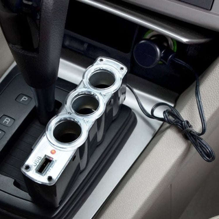 WF-0120 12V / 24V 3 Way Triple Sockets USB Car Cigarette Lighter Socket Splitter Charger(Black)