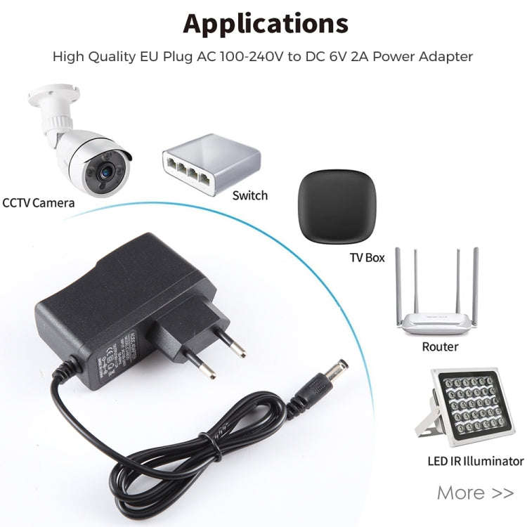 EU Plug AC 100-240V to DC 6V 2A Power Adapter, Tips: 5.5 x 2.1mm, Cable Length: 1.1m(Black)