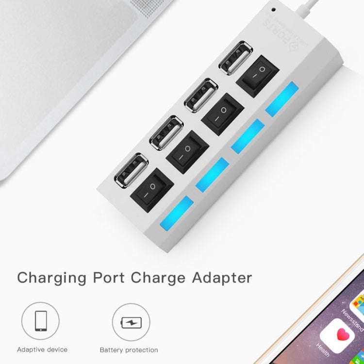 4 Ports USB Hub 2.0 USB Splitter High Speed 480Mbps with ON/OFF Switch, 4 LED(White)