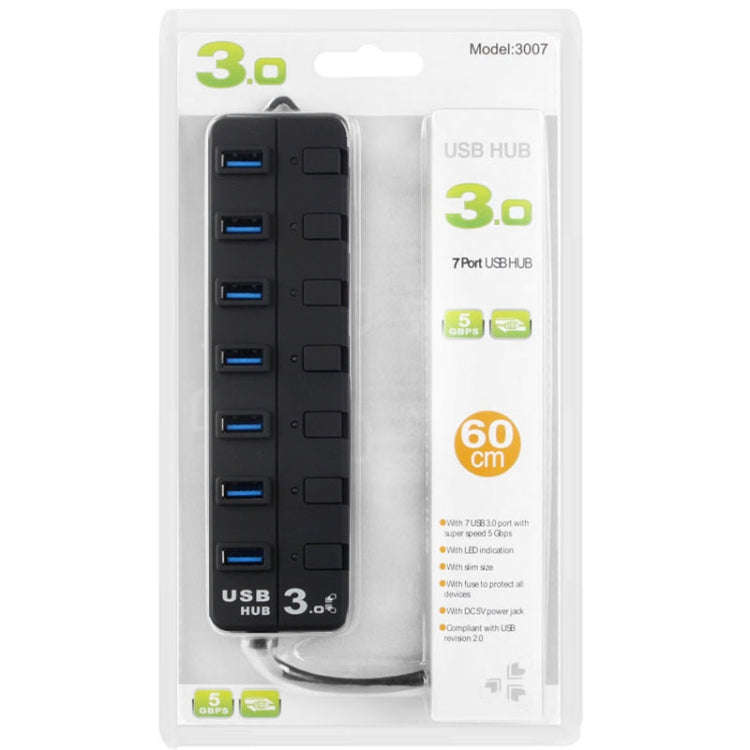 7 Ports USB 3.0 Hub with Individual Switches for each Data Transfer Ports(Black)