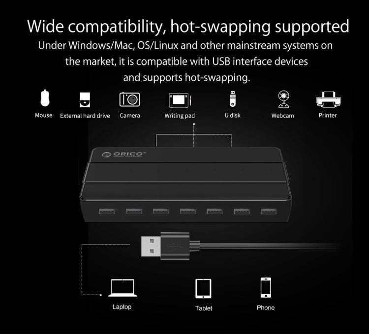 Orico H7928-U2-V1 Desktop 7 Ports USB 2.0 HUB with Power Adapter(Black)