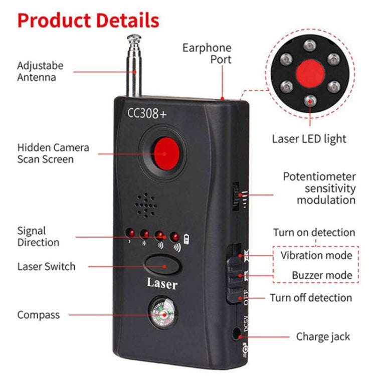 CC308+ Multi Wireless Camera Lens Detector Radio Wave Signal Detect Full-range RF GSM Device Find...