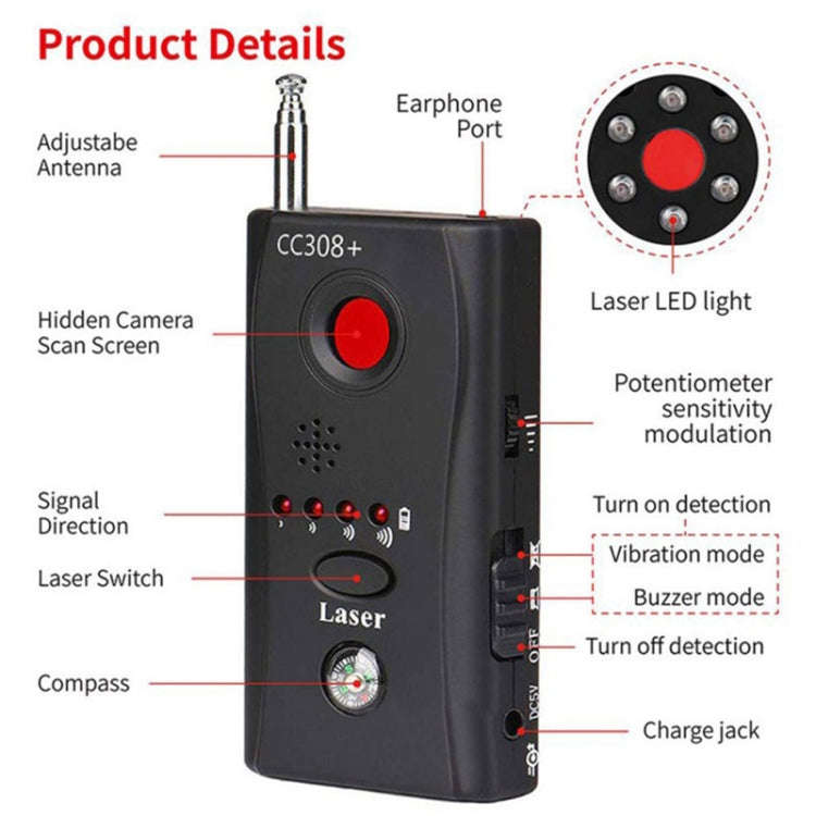 CC308+ Multi-Detector Full-Range All-Round Detector For Hidden Mini Camera / IP Lens/ GMS / RF Si...