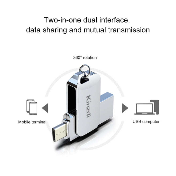 Kinzdi 128GB USB + Type-C Interface Metal Twister Flash Disk V8 (Silver)
