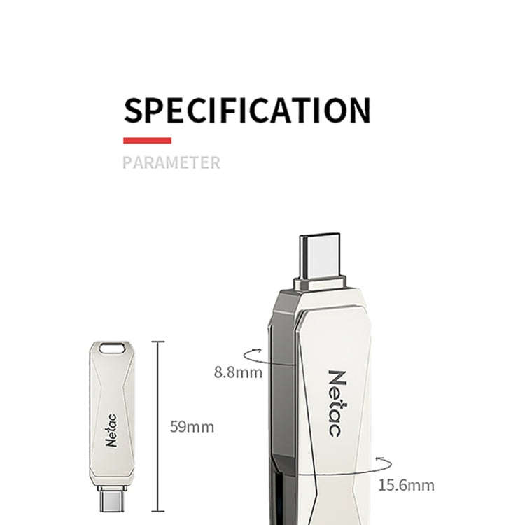 Netac U782C 128GB USB-C / Type-C + USB 3.0 360 Degrees Rotation Zinc Alloy Flash Drive OTG U Disk