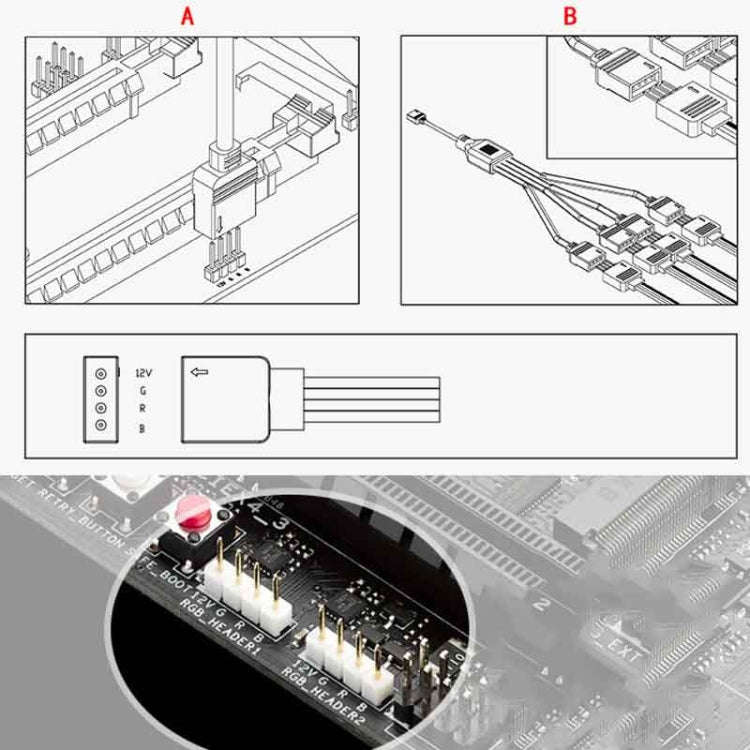 3 Pin 5V 1 to 5 Motherboard AURA RGB PC Cooling Extension Cable for Asus (Black)