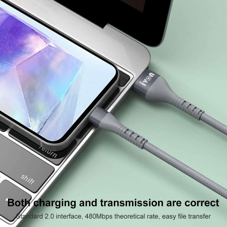 IVON CA92 2.4A Max USB to Micro USB Rubber Fast Charging Data Cable, Length: 1.5m (Grey)