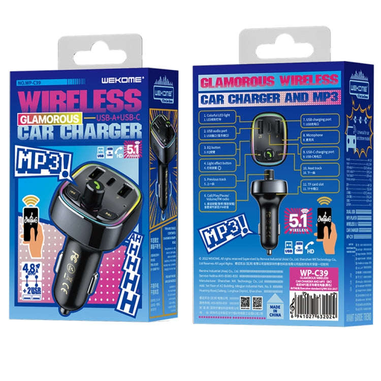 WK WP-C39 USB+USB-C/Type-C MP3 Bluetooth Car Fast Charger(Black)