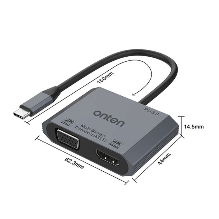 Onten M205 3 in 1 Type-C to HDMI+VGA+PD Fast Charge Video Converter (Grey)