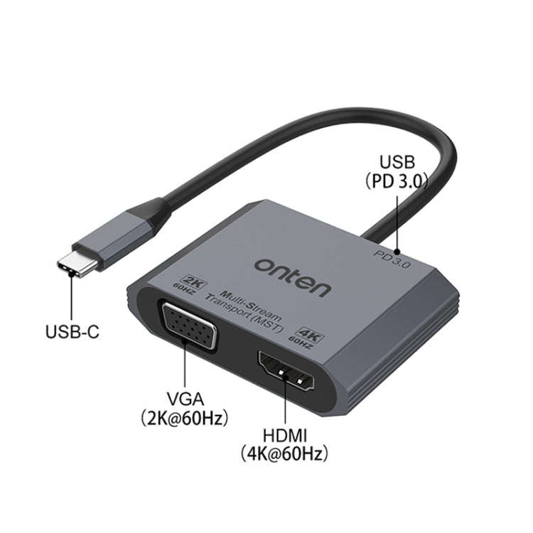 Onten M205 3 in 1 Type-C to HDMI+VGA+PD Fast Charge Video Converter (Grey)