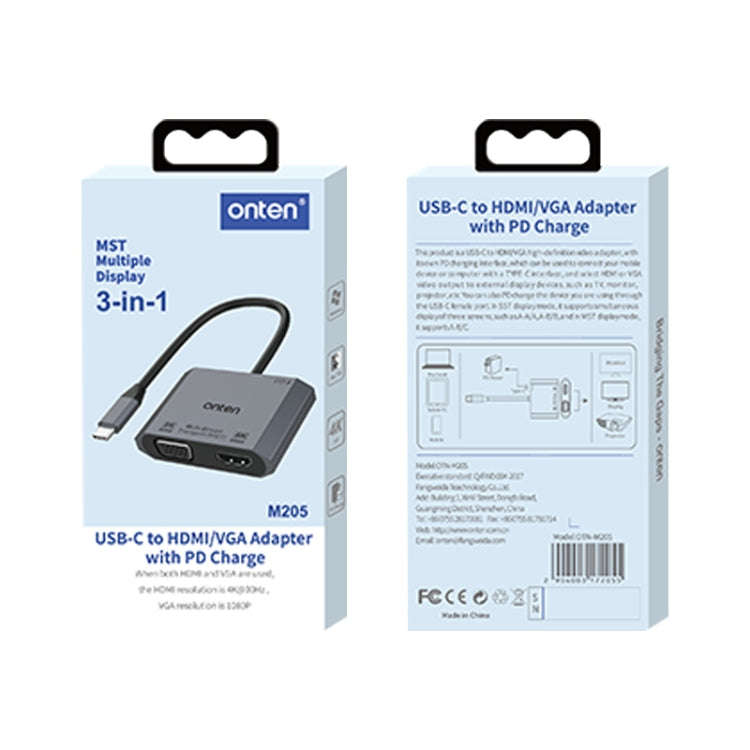 Onten M205 3 in 1 Type-C to HDMI+VGA+PD Fast Charge Video Converter (Grey)