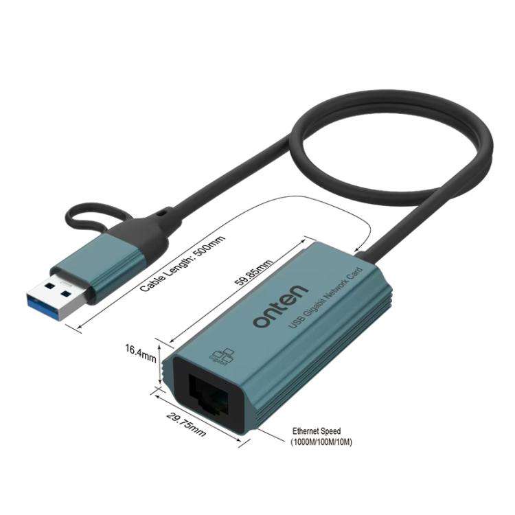 Onten UE101 2 in 1 USB3.0 Gigabit Network Card USB-C/Type-C to Network Port USB Hub(Blue)