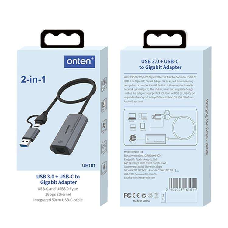 Onten UE101 2 in 1 USB3.0 Gigabit Network Card USB-C/Type-C to Network Port USB Hub(Blue)