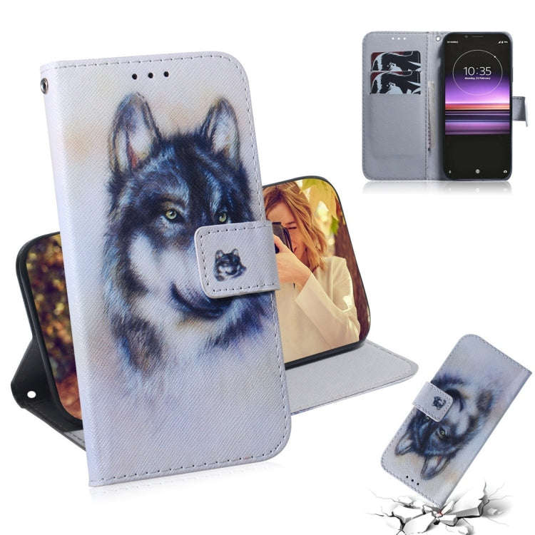 White Wolf Pattern Coloured Drawing Horizontal Flip Leather Case for Sony Xperia 1, with Holder &...