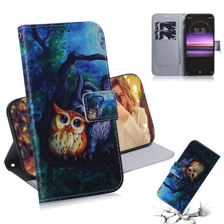 Oil Painting Owl Pattern Coloured Drawing Horizontal Flip Leather Case for Sony Xperia 1, with Ho...