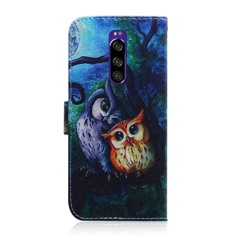Oil Painting Owl Pattern Coloured Drawing Horizontal Flip Leather Case for Sony Xperia 1, with Ho...