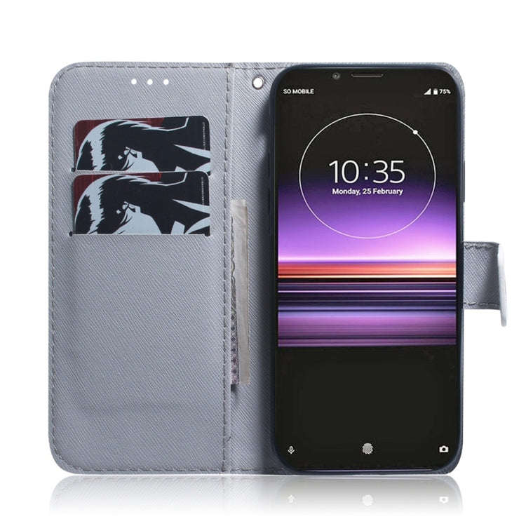 Oil Painting Owl Pattern Coloured Drawing Horizontal Flip Leather Case for Sony Xperia 1, with Ho...