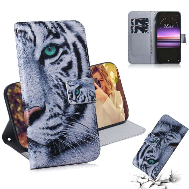 Tiger Pattern Coloured Drawing Horizontal Flip Leather Case for Sony Xperia 1, with Holder & Card...