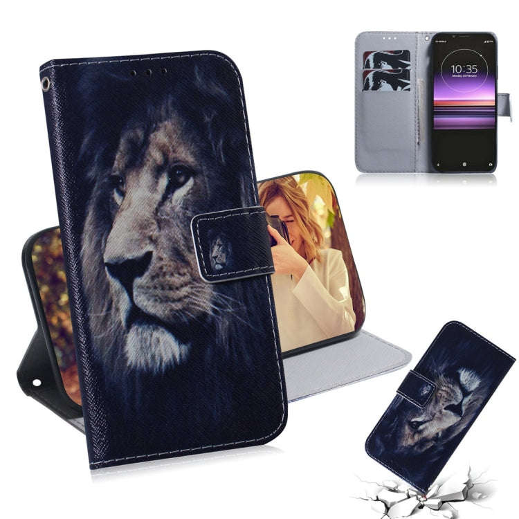 Lion Pattern Coloured Drawing Horizontal Flip Leather Case for Sony Xperia 1, with Holder & Card ...