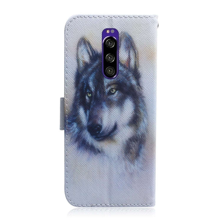 White Wolf Pattern Coloured Drawing Horizontal Flip Leather Case for Sony Xperia 1, with Holder &...