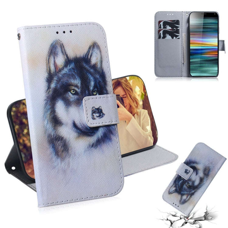 White Wolf Pattern Coloured Drawing Horizontal Flip Leather Case for Sony Xperia 10, with Holder ...
