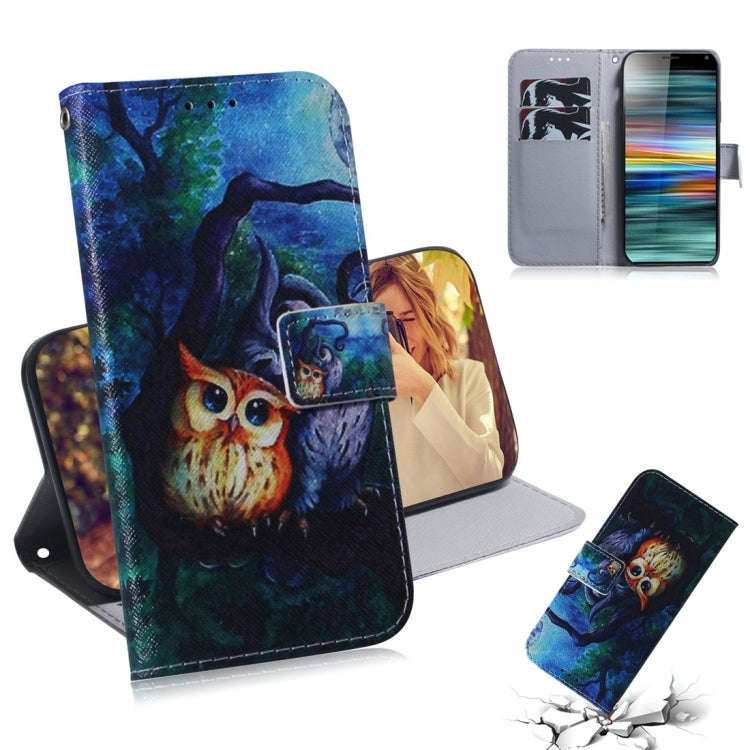Oil Painting Owl Pattern Coloured Drawing Horizontal Flip Leather Case for Sony Xperia 10, with H...
