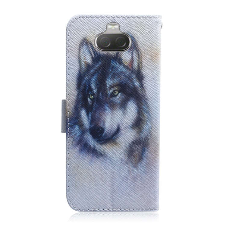 White Wolf Pattern Coloured Drawing Horizontal Flip Leather Case for Sony Xperia 10, with Holder ...