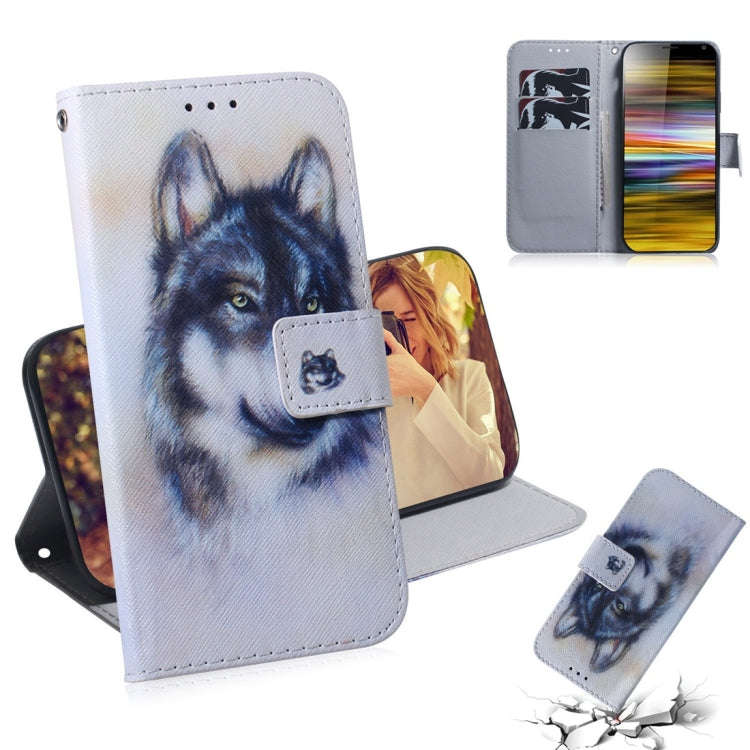 White Wolf Pattern Coloured Drawing Horizontal Flip Leather Case for Sony Xperia 10 Plus, with Ho...