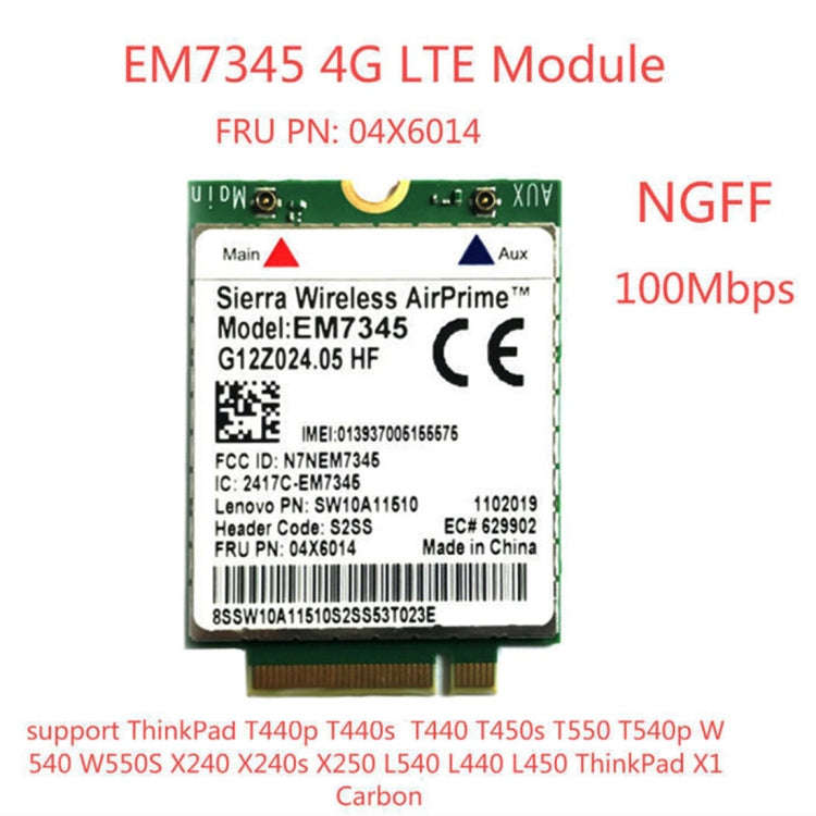 EM7345 4G Module NGFF M.2 WWAN Card 04 x 6014 4G LTE / HSPA + 42Mbps Card for Lenovo IBM / ThinkP...