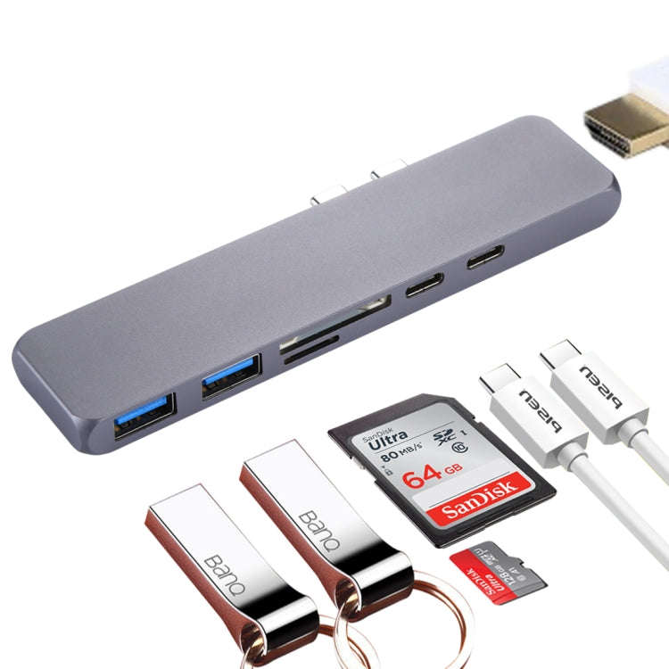 Multi-function Aluminium Alloy Dual USB-C / Type-C HUB Adapter with HDMI Female & 2 x USB 3.0 Por...