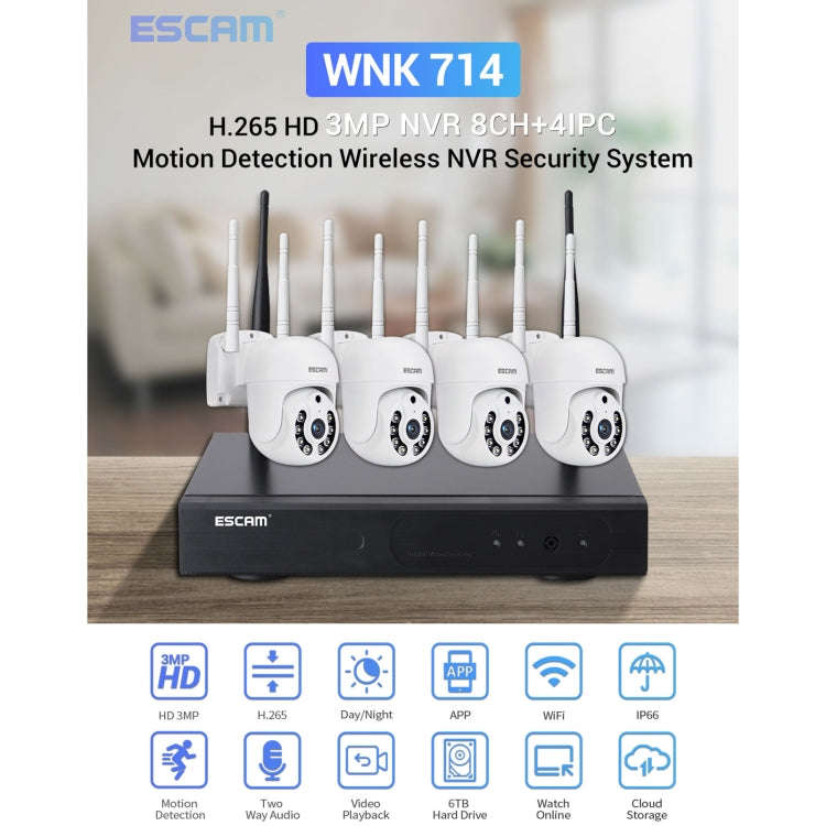 ESCAM WNK714 3.0 Million Pixels 4-channel HD Dome Camera NVR Wireless Monitoring Kit, EU Plug