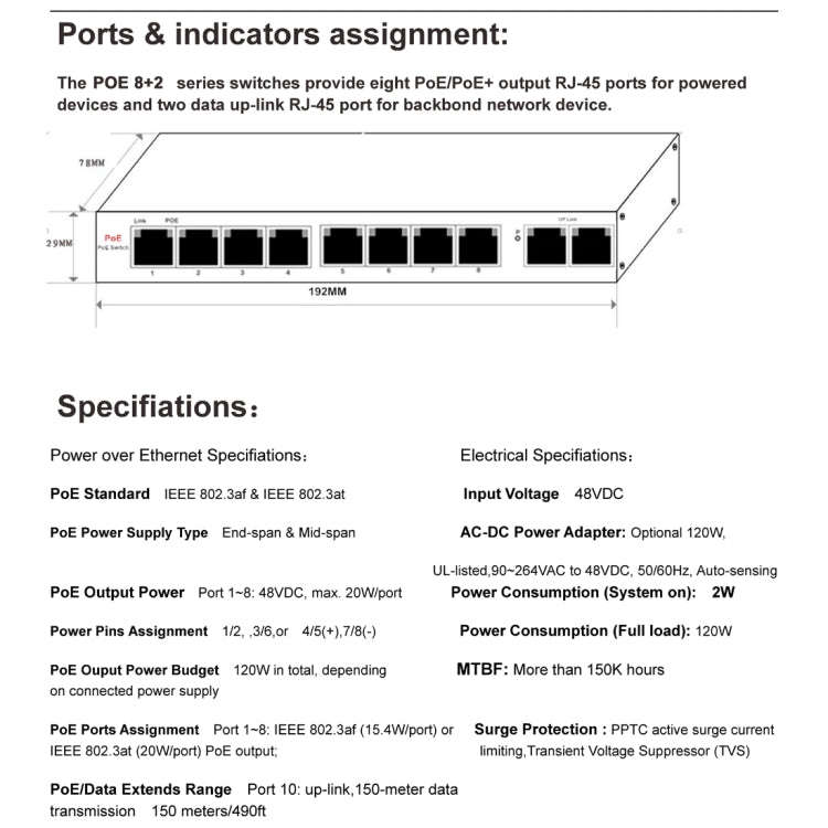 ESCAM POE 8+2 10-Port Fast Ethernet Switch 8-Port POE 10/100M 120W Network Switch, Transmission D...