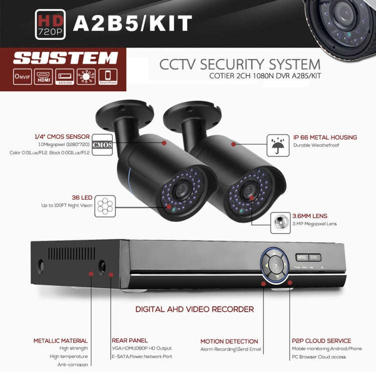 A4B5 4 Channel 720P 1.0 Mega Pixel 4 x Bullet AHD Cameras AHD DVR Kit, Support Night Vision / Mot...