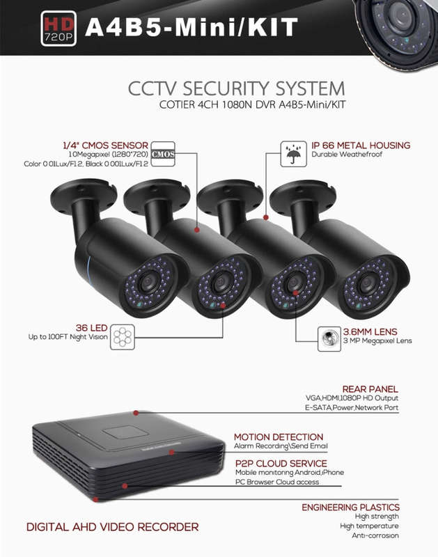 A4B5-Mini 4 Channel 720P 1.0 Mega Pixel 4 x Bullet AHD Cameras AHD DVR Kit, Support Night Vision ...