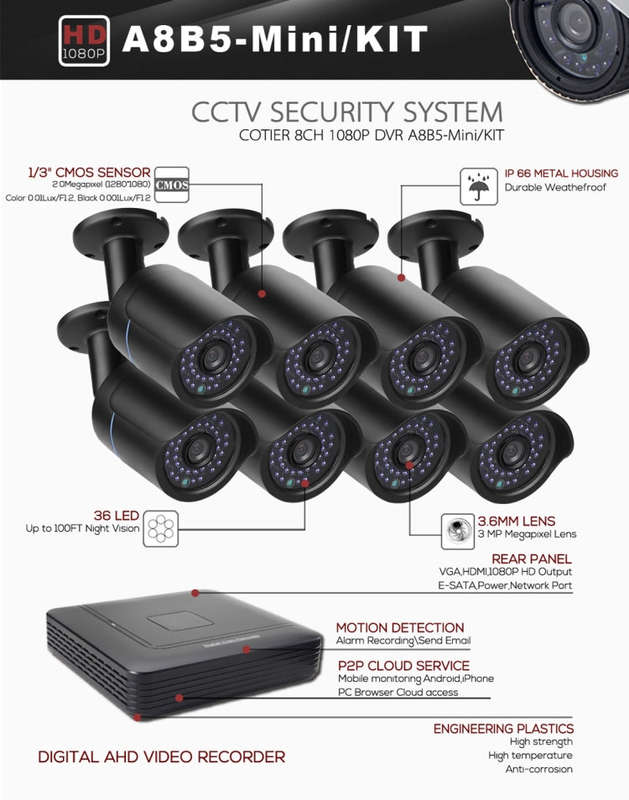 A8B5-Mini 8 Channel 1080P 2.0 Mega Pixel 8 x Bullet AHD Cameras Mini AHD DVR Kit, Support Night V...