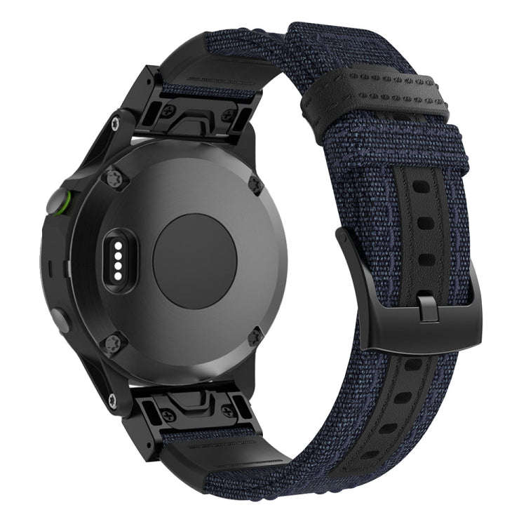 Canvas and Leather Watch Band for Garmin Fenix5 Plus, Wrist Strap Size:150+110mm(Blue)