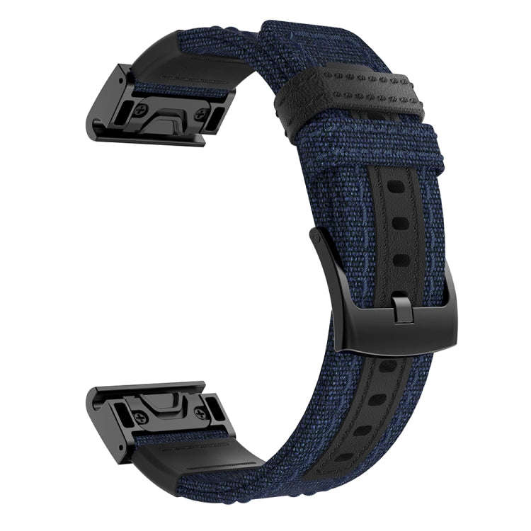 Canvas and Leather Watch Band for Garmin Fenix5 Plus, Wrist Strap Size:150+110mm(Blue)