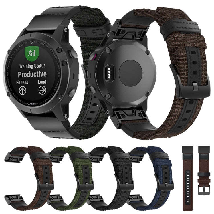 Canvas and Leather Watch Band for Garmin Fenix5 Plus, Wrist Strap Size:150+110mm(Blue)